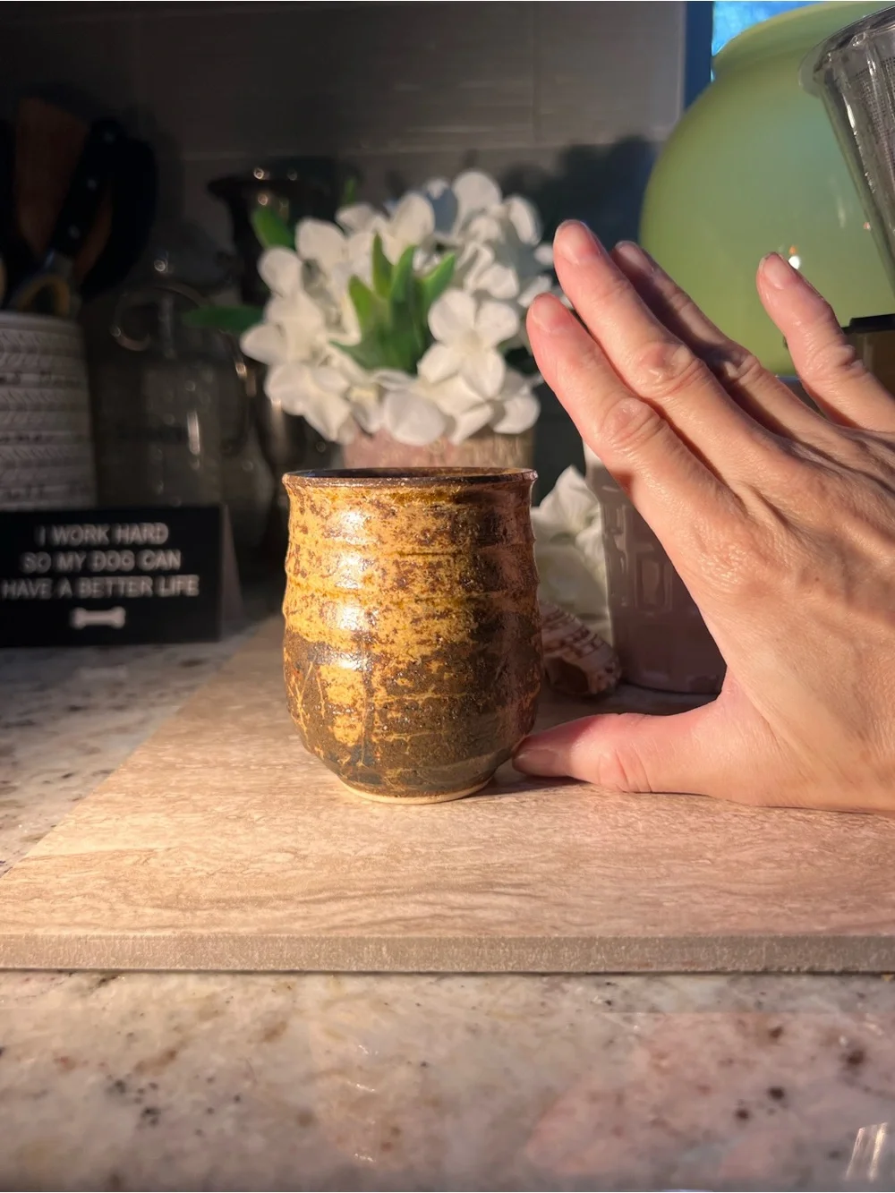 signed, Japanese Pottery w/ handpoured candle sm.